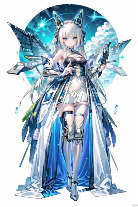 天启姬, 1girl, solo, long hair, mecha musume, smile, looking at viewer, white dress, full body, bare shoulders, boots, fingerless gloves, mechanical legs, ((poakl)), + +, Dragon and girl