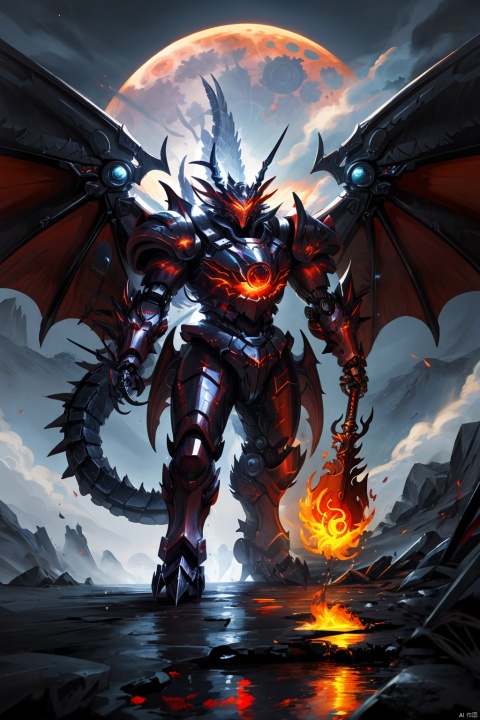 best quality,weapon, wings, holding weapon, glowing, moon, fire, glowing eyes, claws,incredibly detailed , robot, monster,dragon, lolsplashart
