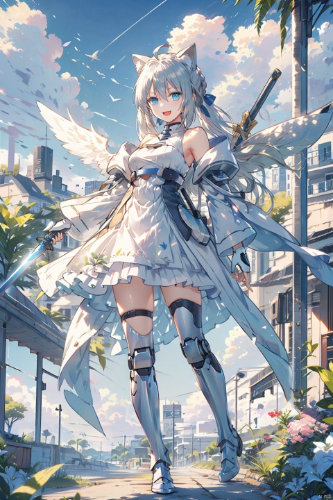(bestquality),(masterpiece),(highres),epicscenes,impactfulvisuals,senseofspace,(sciencefiction:1.3),天启姬,1girl,solo,Diving down over the village,blue eyes,long hair,mecha musume,white background,dress,open mouth,smile,white hair,looking at viewer,white dress,full body,breasts,bangs,mechanical legs,bare shoulders,thighhighs,boots,mechanical wings,wings,:d,Science fiction mechanical wings with fans, cozy animation scenes, ((poakl))1girl, female, futuristic, silver hair, twin tails, cat ears, blue eyes, mechanical wings, full-body pose, fingerless gloves,solo, looking at viewer, short hair, bangs, blonde hair, long sleeves, dress, ribbon, holding, hair between eyes, closed mouth, green eyes, standing, hair ribbon, weapon, braid, ahoge, sidelocks, puffy sleeves, sword, hair bun, holding weapon, armor, blue dress, holding sword, blue ribbon, gauntlets, breastplate, armored dress, planted, planted sword, excalibur \(fate/stay night\), artoria pendragon \(fate\)