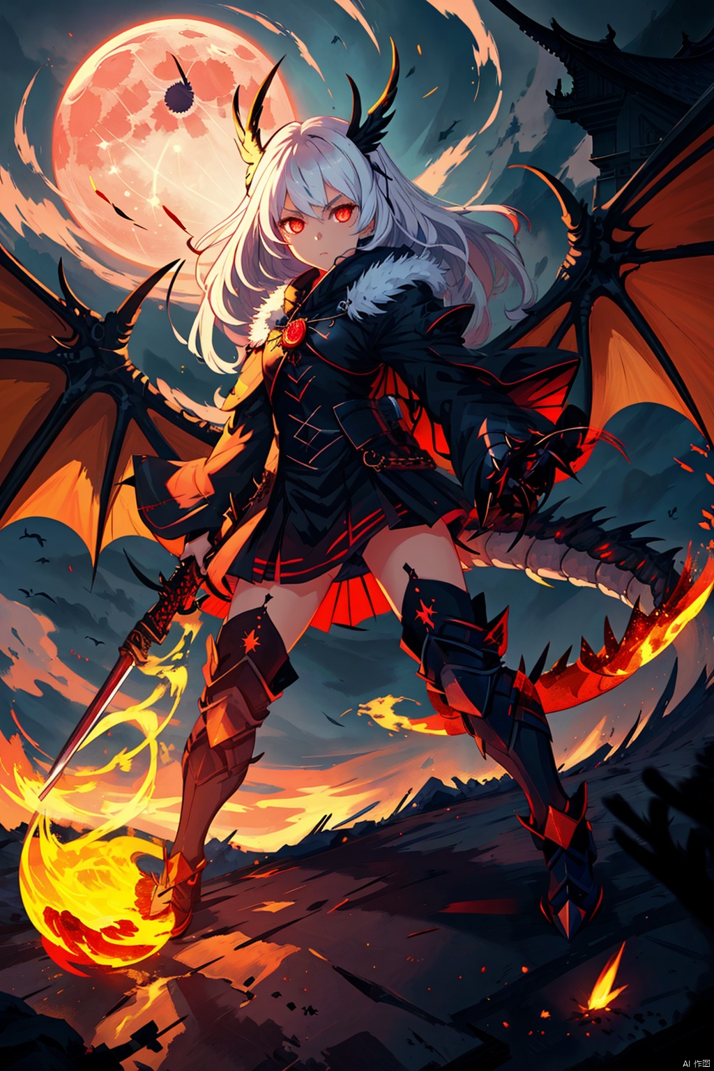  1girl,loli,white hair, long hair, weapon, wings, holding weapon, glowing, moon, fire, glowing eyes, claws, monster,dragon