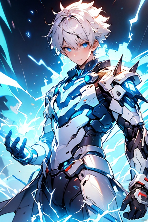  1boy, solo,blue eyes,mecha musume,white hair,Short hair, In their 20s,handsome,Cheerful,extroversion,looking at viewer,energy,glowing,diffractionspikes,ejaculation,electricity,magic,tarrysky,8k,