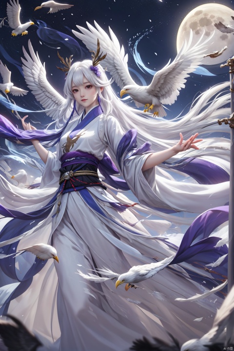 Abeautifulwomanwithlongwhitehair,单马尾，purpleHanfu, wear white long gloves, and only five fingers per hand，patch，4k，Chinese armor，moon，light，a eagle