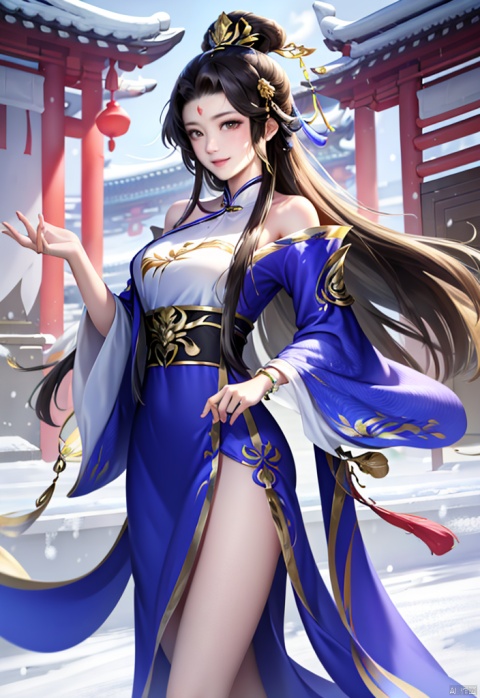 中国古代，一位女性，白色长头发，穿紫色和服，戴白色长手套，站在树下，下雪