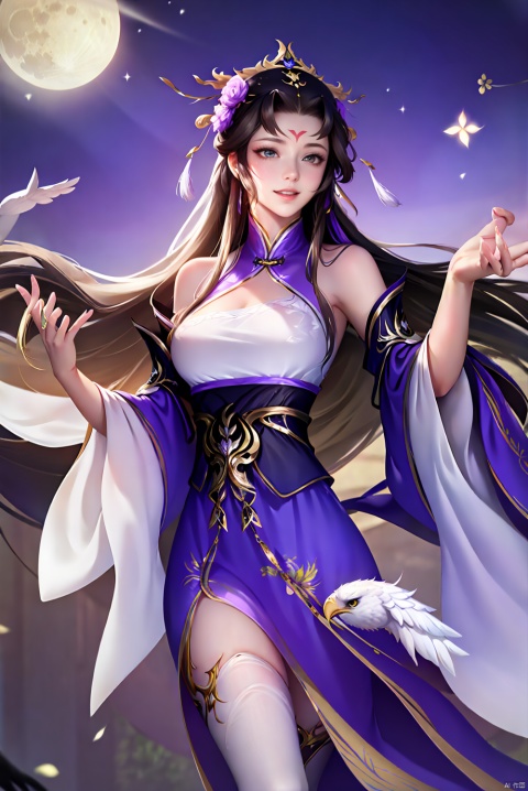 Abeautifulwomanwithlongwhitehair,单马尾，purpleHanfu, wear white long gloves, and only five fingers per hand，patch，4k，Chinese armor，moon，light，a eagle