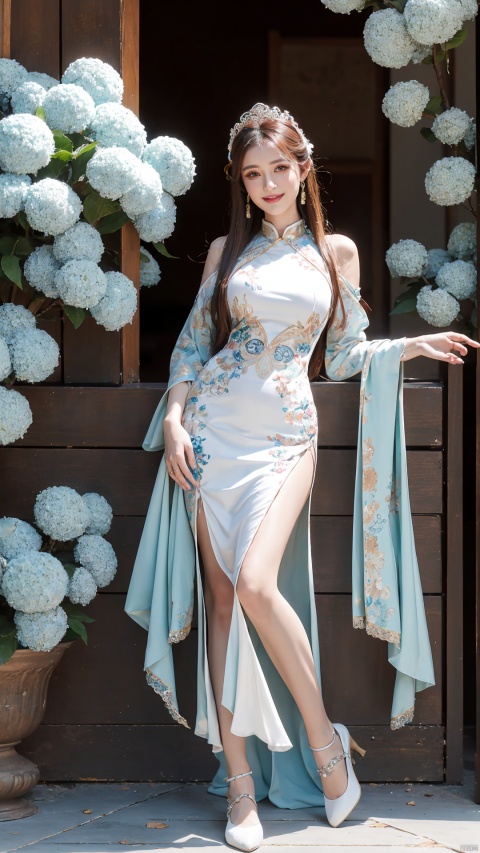  (Best quality, masterpiece, details), full body, 1 girl, beautiful face, wearing traditional Chinese clothing, side slit lace dress, white knee socks, plump figure, smile, red crowned crane, complex clothing, exquisite plant depiction, details, highly detailed, full of hidden details, real skin, red and turquoise, hydrangea,blue,an epic scene,