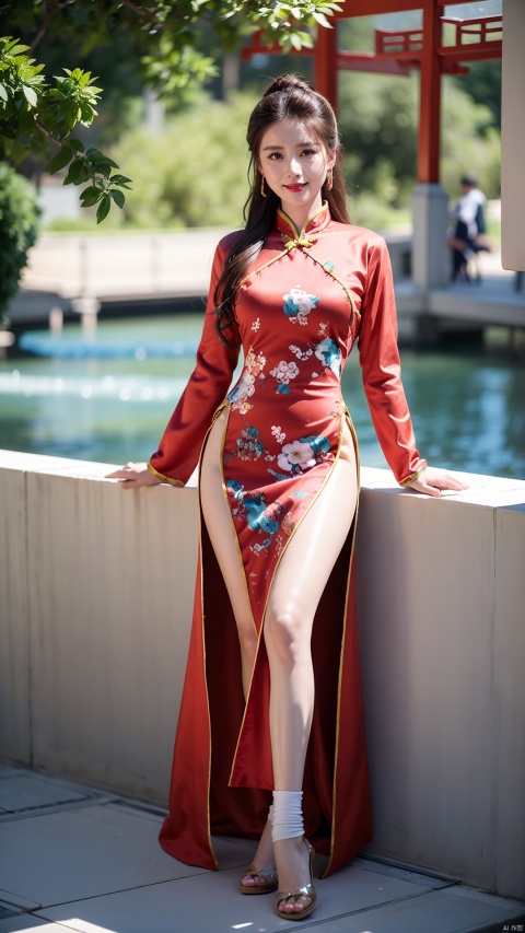  (Best quality, masterpiece, details), full body, 1 girl, beautiful face, wearing traditional Chinese clothing, side slit lace dress, white knee socks, plump figure, smile, red crowned crane, complex clothing, exquisite plant depiction, floral background, details, highly detailed, full of hidden details, real skin, realistic,,red and turquoise, hydrangea,blue, (mountain), (River), an epic scene, liushishi