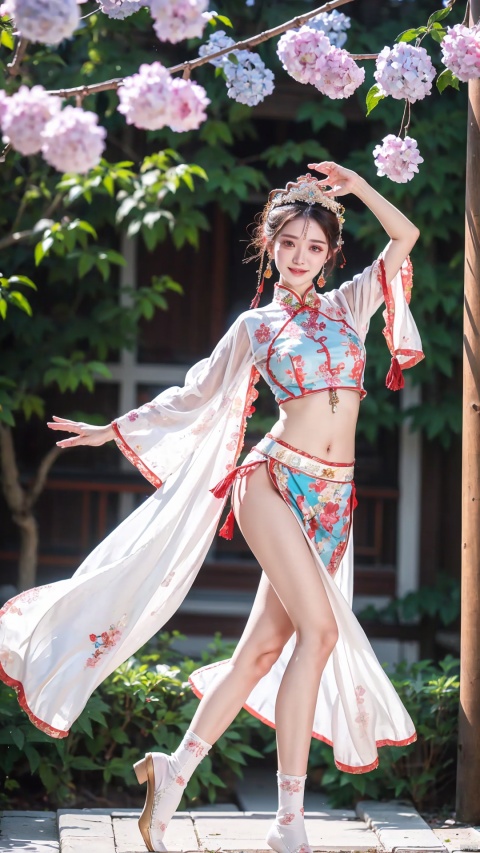  (Best quality, masterpiece, details), full body, 1 girl, beautiful face, wearing traditional Chinese clothing, side slit lace dress, white knee socks, plump figure, smile, red crowned crane, complex clothing,bra,Underpants partially visible, navel piercing,exquisite plant depiction, floral background, details, highly detailed, full of hidden details, real skin, red and turquoise, hydrangea,arms up, crop top, red skirt, realistic, dancing