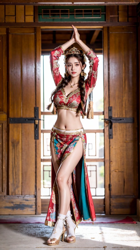  (Best quality, masterpiece, details), full body, 1 girl, beautiful face, wearing traditional Chinese clothing, side slit lace dress, white knee socks, cleavage,Off Shoulder,plump figure, smile, red crowned crane, complex clothing, exquisite plant depiction,navel piercing, floral background, details, highly detailed, full of hidden details, real skin, red and turquoise, hydrangea,arms up, crop top, red skirt, realistic, dancing, ((poakl))