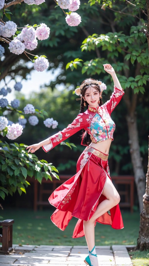  (Best quality, masterpiece, details), full body, 1 girl, beautiful face, wearing traditional Chinese clothing, side slit lace dress, white knee socks, plump figure, smile, red crowned crane, complex clothing,bra,Underpants partially visible, exquisite plant depiction, floral background, details, highly detailed, full of hidden details, real skin, red and turquoise, hydrangea,arms up, crop top, red skirt, realistic, dancing