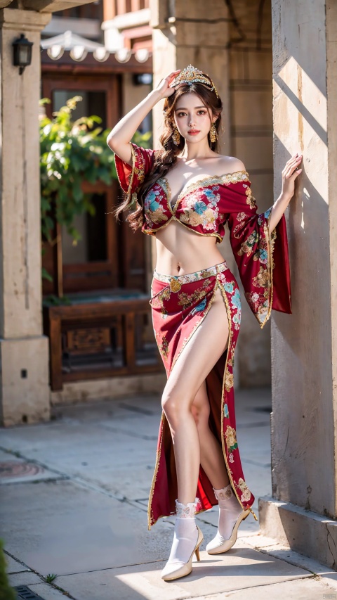  (Best quality, masterpiece, details), full body, 1 girl, beautiful face, wearing traditional Chinese clothing, side slit lace dress, white knee socks, cleavage,Off Shoulder,plump figure, smile, red crowned crane, complex clothing, exquisite plant depiction,navel piercing, floral background, details, highly detailed, full of hidden details, real skin, red and turquoise, hydrangea,arms up, crop top, red skirt, realistic, dancing, ((poakl))