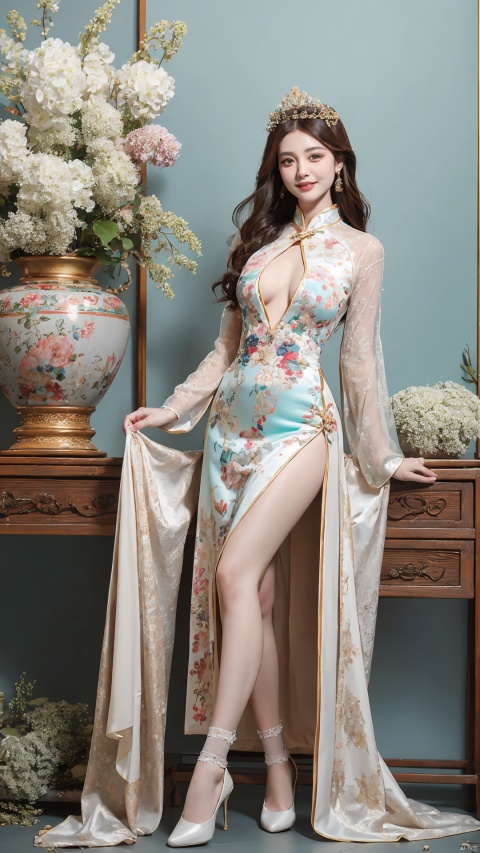  (Best quality, masterpiece, details), full body, 1 girl, beautiful face, wearing traditional Chinese clothing, side slit lace dress, white knee socks, plump figure, smile, red crowned crane, complex clothing, exquisite plant depiction, floral background, details, highly detailed, full of hidden details, real skin, red and turquoise, hydrangea,blue,an epic scene,