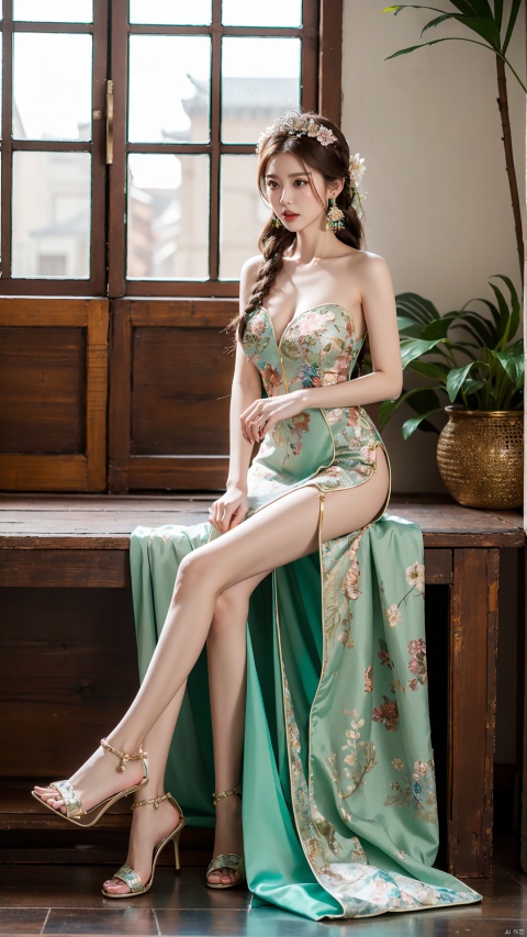 1girl, solo, long hair, breasts, brown hair, hair ornament, dress, bare shoulders, jewelry, sitting, full body, braid, flower, earrings, indoors, high heels, bare legs, chinese clothes, floral print, white footwear, own hands together, plant, china dress, side slit, green dress, vase, aqua dress
