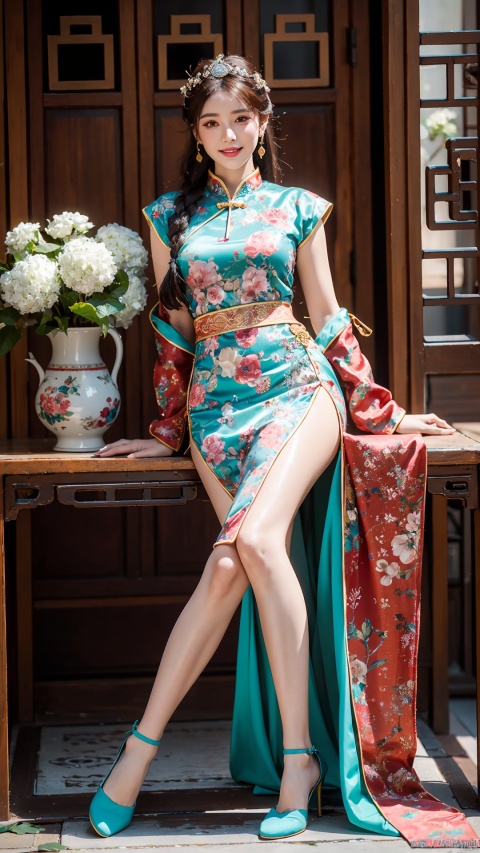  (Best quality, masterpiece, details), full body, 1 girl, beautiful face, wearing traditional Chinese clothing, side slit lace dress, white knee socks, plump figure, smile, red crowned crane, complex clothing, exquisite plant depiction, floral background, details, highly detailed, full of hidden details, real skin, red and turquoise, hydrangea,blue,an epic scene, 