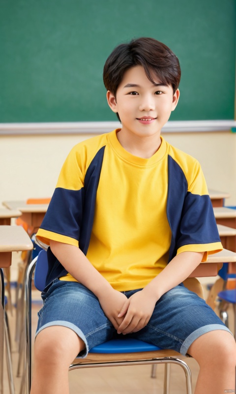  A boy, cute,Asian,Realistic,Hands behind back,Sitting in the classroom