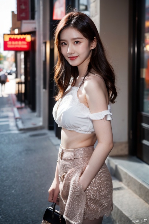  35mm photograph, film, bokeh, professional, 8k, highly detailed, 1girl, milf, bare pectorals,lace bra,thigh, (sparkly:1.2) skirt, balck pantyhose, high heels, kpop idol makeup, (closed smile:1.2), natural skin texture, realistic pores skin, (aesthetics and atmosphere:1.2),shoulder-length hair,summer, street, Full body, sunset, (incredible sky:1.2)