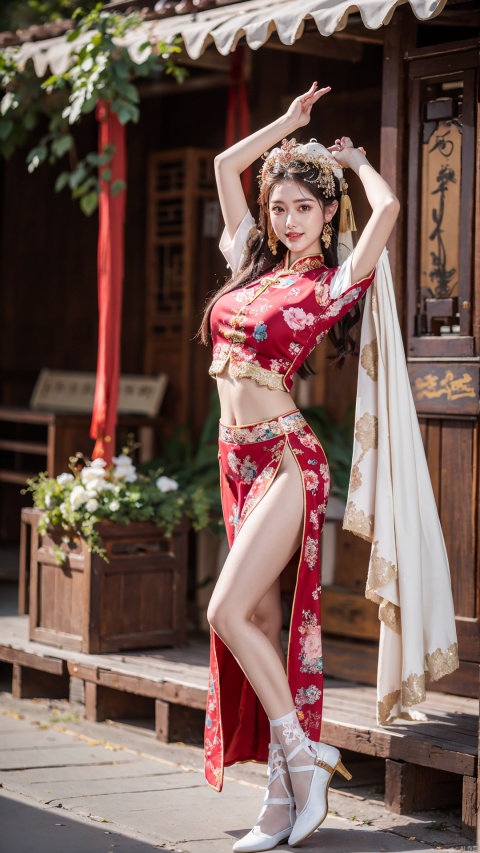  (Best quality, masterpiece, details), full body, 1 girl, beautiful face, wearing traditional Chinese clothing, side slit lace dress, white knee socks, plump figure, smile, red crowned crane, complex clothing, exquisite plant depiction, floral background, details, highly detailed, full of hidden details, real skin, red and turquoise, hydrangea,arms up, crop top, red skirt, realistic, dancing