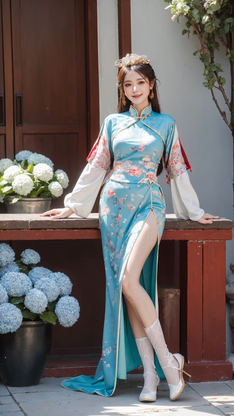  (Best quality, masterpiece, details), full body, 1 girl, beautiful face, wearing traditional Chinese clothing, side slit lace dress, white knee socks, plump figure, smile, red crowned crane, complex clothing, details, highly detailed, full of hidden details, real skin, red and turquoise, hydrangea,blue,an epic scene,