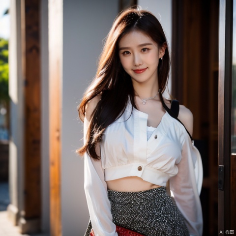  35mm photograph, film, bokeh, professional, 8k, highly detailed, 1girl, milf, bare pectorals,bare pectorals,thigh, (sparkly:1.2) skirt, balck pantyhose, high heels, kpop idol makeup, (closed smile:1.2), natural skin texture, realistic pores skin, (aesthetics and atmosphere:1.2),shoulder-length hair,summer, office, Full body, sunset, (incredible sky:1.2)