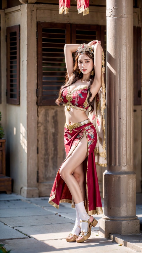  (Best quality, masterpiece, details), full body, 1 girl, beautiful face, wearing traditional Chinese clothing, side slit lace dress, white knee socks, cleavage,Off Shoulder,plump figure, smile, red crowned crane, complex clothing, exquisite plant depiction, floral background, details, highly detailed, full of hidden details, real skin, red and turquoise, hydrangea,arms up, crop top, red skirt, realistic, dancing, ((poakl))