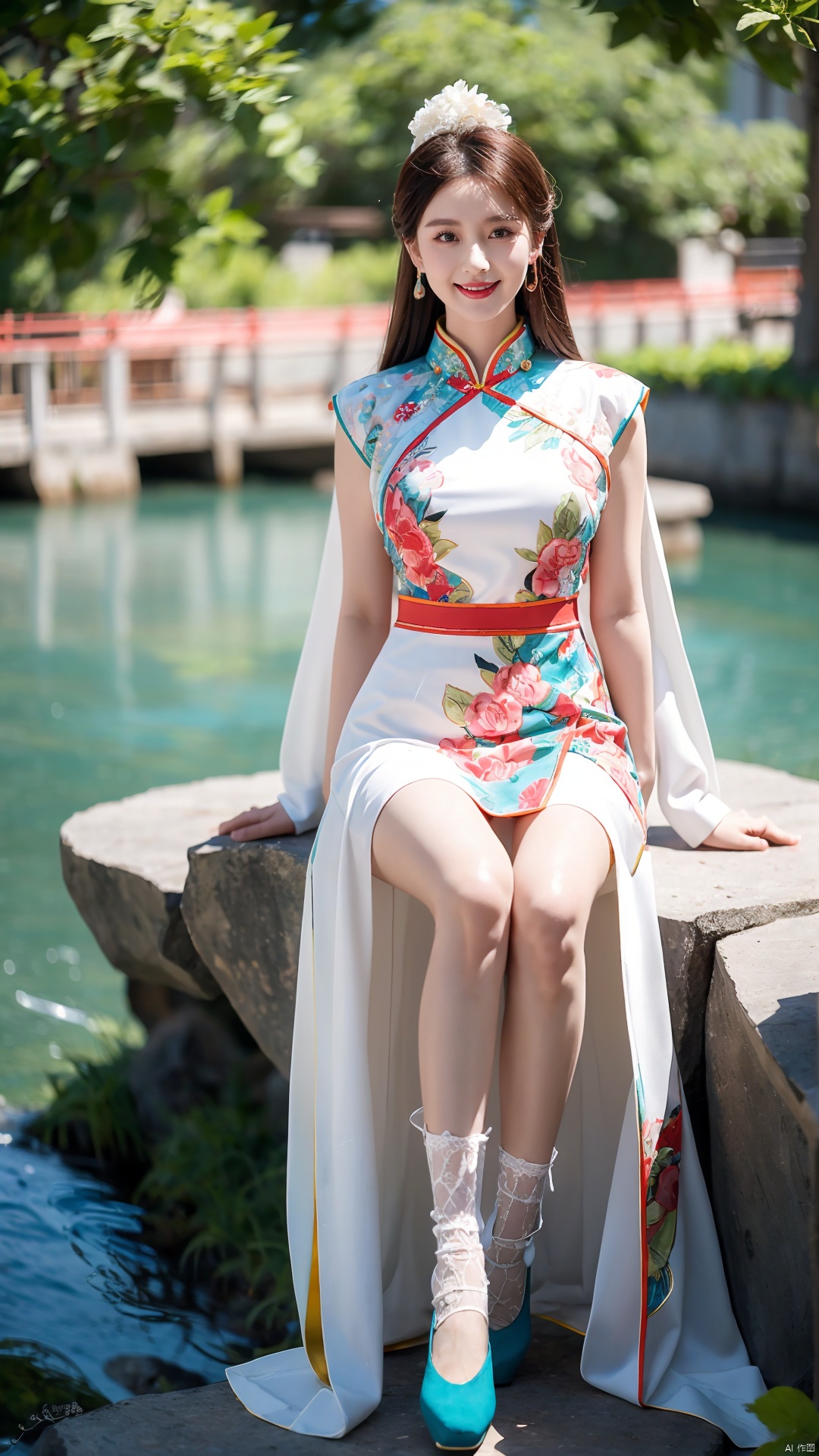  (Best quality, masterpiece, details), full body, 1 girl, beautiful face, wearing traditional Chinese clothing, side slit lace dress, white knee socks, plump figure, smile, red crowned crane, complex clothing, exquisite plant depiction, floral background, details, highly detailed, full of hidden details, real skin, red and turquoise, hydrangea,blue, (mountain), (River), an epic scene, liushishi