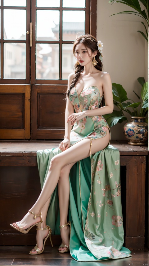 1girl, solo, long hair, breasts, brown hair, hair ornament, dress, bare shoulders, jewelry, sitting, full body, braid, flower, earrings, indoors, high heels, bare legs, chinese clothes, floral print, white footwear, own hands together, plant, china dress, side slit, green dress, vase, aqua dress