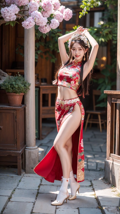  (Best quality, masterpiece, details), full body, 1 girl, beautiful face, wearing traditional Chinese clothing, side slit lace dress, white knee socks, plump figure, smile, red crowned crane, complex clothing,Underpants partially visible, exquisite plant depiction, floral background, details, highly detailed, full of hidden details, real skin, red and turquoise, hydrangea,arms up, crop top, red skirt, realistic, dancing