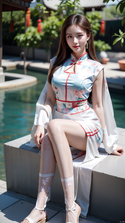  (Best quality, masterpiece, details), full body, 1 girl, beautiful face, wearing traditional Chinese clothing, side slit lace dress, white knee socks, plump figure, smile, red crowned crane, complex clothing, exquisite plant depiction, floral background, details, highly detailed, full of hidden details, real skin, realistic,,red and turquoise, hydrangea,blue, (mountain), (River), an epic scene, liushishi