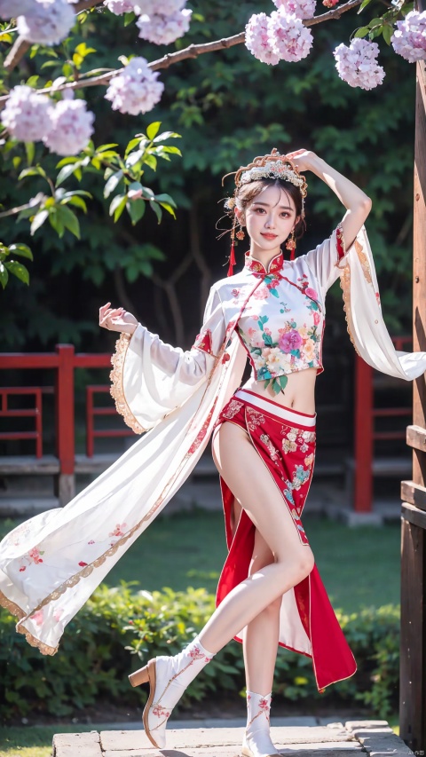  (Best quality, masterpiece, details), full body, 1 girl, beautiful face, wearing traditional Chinese clothing, side slit lace dress, white knee socks, plump figure, smile, red crowned crane, complex clothing,bra,Underpants partially visible, exquisite plant depiction, floral background, details, highly detailed, full of hidden details, real skin, red and turquoise, hydrangea,arms up, crop top, red skirt, realistic, dancing