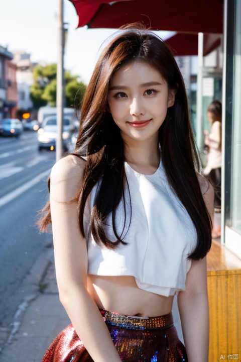  35mm photograph, film, bokeh, professional, 8k, highly detailed, 1girl, milf, bare pectorals,bare pectorals,thigh, (sparkly:1.2) skirt, balck pantyhose, high heels, kpop idol makeup, (closed smile:1.2), natural skin texture, realistic pores skin, (aesthetics and atmosphere:1.2),shoulder-length hair,summer, street, Full body, sunset, (incredible sky:1.2)