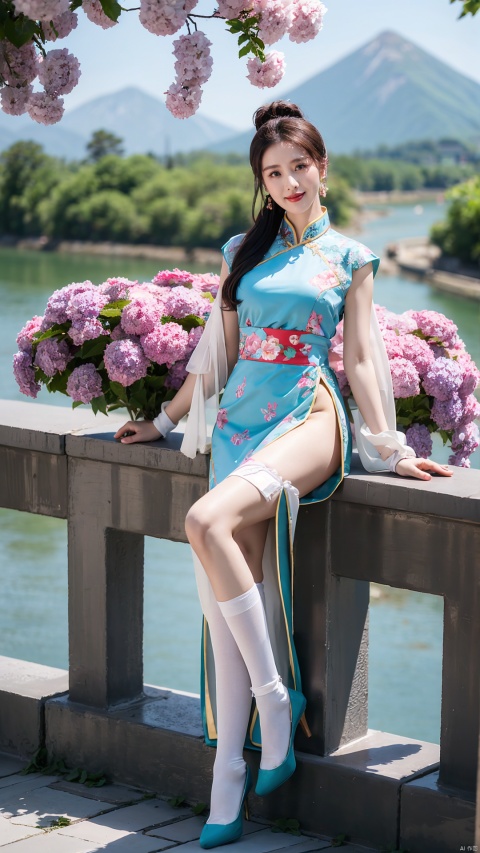  (Best quality, masterpiece, details), full body, 1 girl, beautiful face, wearing traditional Chinese clothing, side slit lace dress, white knee socks, plump figure, smile, red crowned crane, complex clothing, exquisite plant depiction, floral background, details, highly detailed, full of hidden details, real skin, red and turquoise, hydrangea,blue, (mountain), (River), an epic scene, liushishi
