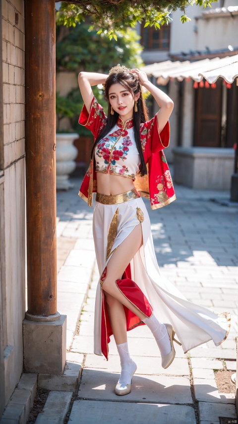 (Best quality, masterpiece, details), full body, 1 girl, beautiful face, wearing traditional Chinese clothing, side slit lace dress, white knee socks, plump figure, smile, red crowned crane, complex clothing,Underpants partially visible, exquisite plant depiction, floral background, details, highly detailed, full of hidden details, real skin, red and turquoise, hydrangea,arms up, crop top, red skirt, realistic, dancing
