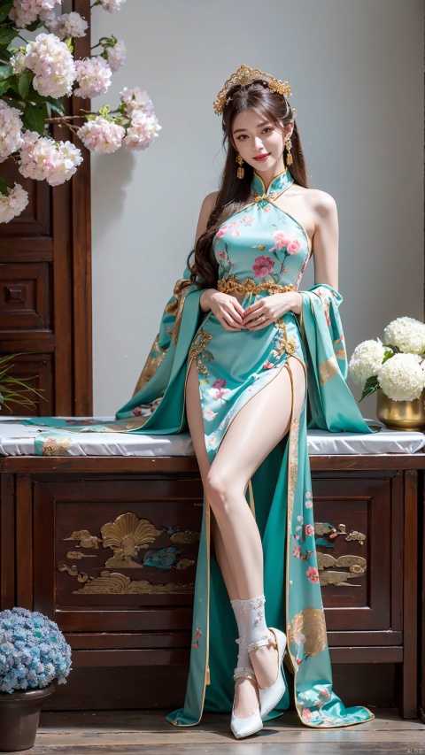  (Best quality, masterpiece, details), full body, 1 girl, beautiful face, wearing traditional Chinese clothing, side slit lace dress, white knee socks, plump figure, smile, red crowned crane, complex clothing, exquisite plant depiction, floral background, details, highly detailed, full of hidden details, real skin, red and turquoise, hydrangea,blue,an epic scene, 