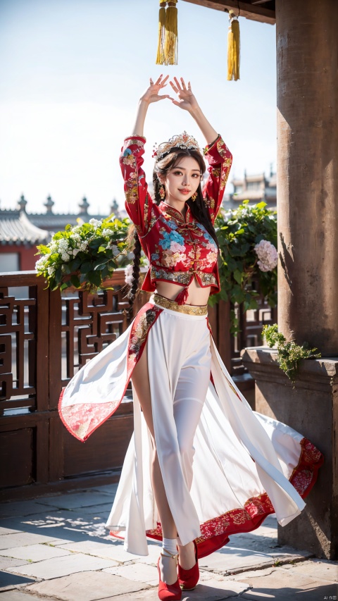  (Best quality, masterpiece, details), full body, 1 girl, beautiful face, wearing traditional Chinese clothing, side slit lace dress, white knee socks, plump figure, smile, red crowned crane, complex clothing, exquisite plant depiction, floral background, details, highly detailed, full of hidden details, real skin, red and turquoise, hydrangea,arms up, crop top, red skirt, realistic, dancing