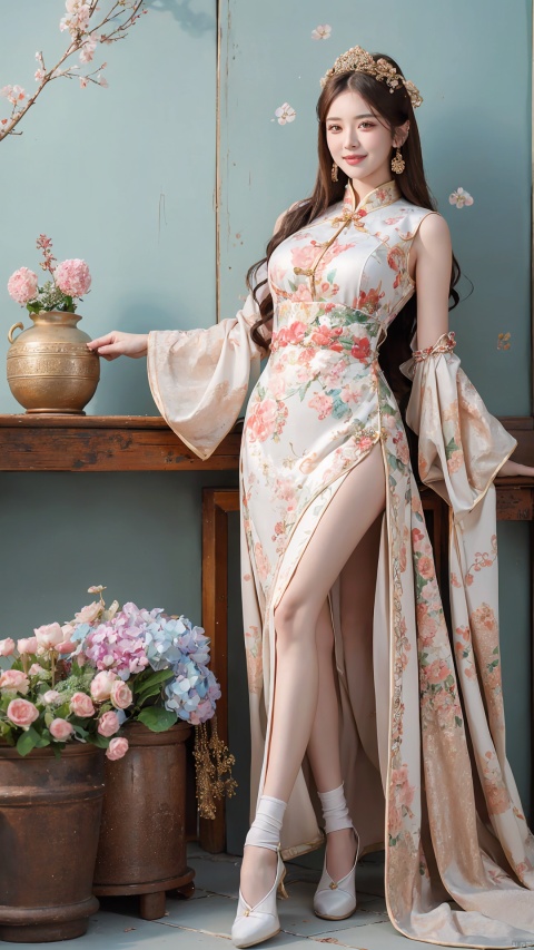  (Best quality, masterpiece, details), full body, 1 girl, beautiful face, wearing traditional Chinese clothing, side slit lace dress, white knee socks, plump figure, smile, red crowned crane, complex clothing, exquisite plant depiction, floral background, details, highly detailed, full of hidden details, real skin, red and turquoise, hydrangea,blue,an epic scene,
