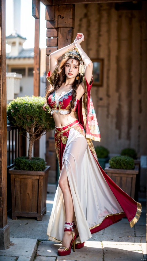  (Best quality, masterpiece, details), full body, 1 girl, beautiful face, wearing traditional Chinese clothing, side slit lace dress, white knee socks, cleavage,Off Shoulder,plump figure, smile, red crowned crane, complex clothing, exquisite plant depiction, floral background, details, highly detailed, full of hidden details, real skin, red and turquoise, hydrangea,arms up, crop top, red skirt, realistic, dancing, ((poakl))