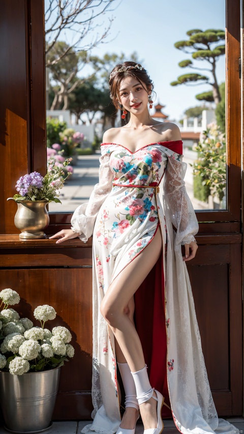  (Best quality, masterpiece, details), full body, 1 girl, beautiful face, wearing traditional Chinese clothing, side slit lace dress, Off Shoulder,bra,white knee socks, plump figure, smile, red crowned crane, complex clothing, exquisite plant depiction, floral background, details, highly detailed, full of hidden details, real skin, red and turquoise, hydrangea,an epic scene, 
