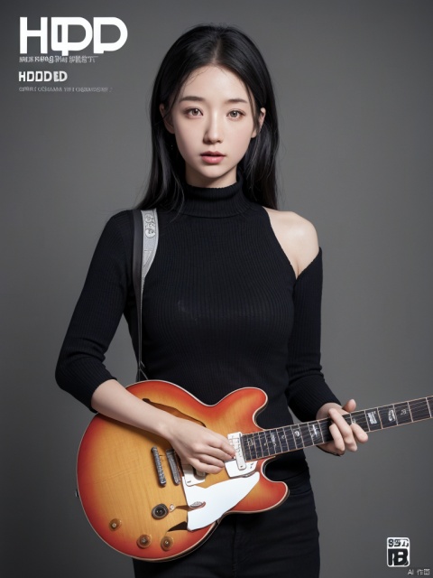  ((HRD, HUD, 8K)), ((masterpiece, best quality)),A female photographer with a camera. background, comic,cover,,Chinese Text Fanghua Image Studio, logo, sd mai, , playing_electric_guitar