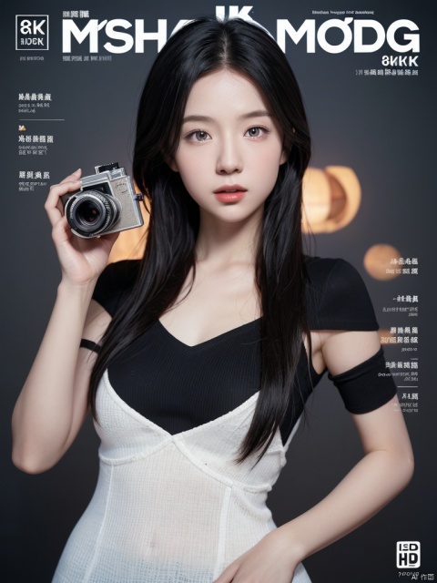  ((HRD, HUD, 8K)), ((masterpiece, best quality)),A female photographer with a camera. background, comic,cover,,Chinese Text Fanghua Image Studio, logo, sd mai, 