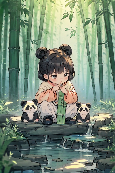  the best picture quality,the best painting,ancient,a little girl,beautiful hands,half squat,bamboo forest,there are cute little pandas in the bamboo forest, gm, Anime, MG xiongmao