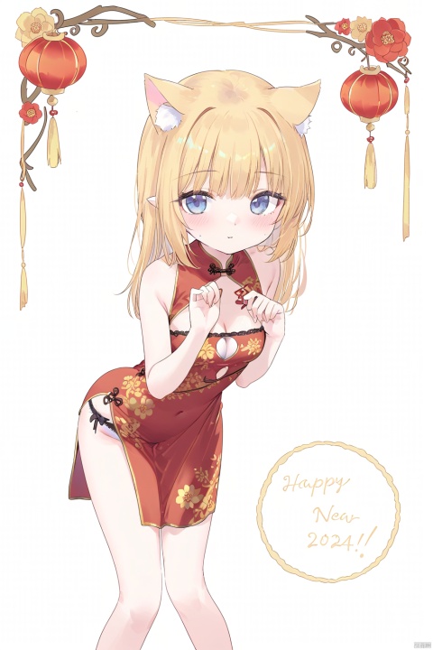  Noel,1girl,solo,long hair,breasts,looking at viewer,blush,bangs,simple background,white background,animal ears,bare shoulders,closed underwear,standing,flower,small breasts,sleeveless,alternate costume,cat ears,animal ear fluff,bare arms,clothing cutout,bell,leaning forward,sleeveless dress,shadow,chinese clothes,red dress,cleavage cutout,(china dress: 1.3),jingle bell,((Hands up, two hands holding a red paper written on the New Year message:1.1)),Hand on chest,2024 New Year message, happy new year,