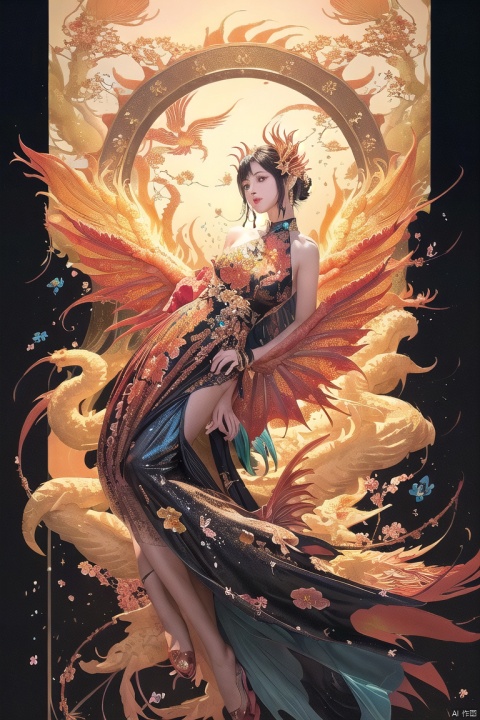  Numerous Flowers Fashion, 1 Dragon, Girl Body, With A Pair Of Suzaku Phoenix Big Wings On Shoulder, Sparkling, Solo, Dress, Black Hair, Flower, Aqua Dress, Blue Dress, Looking At The Viewer, Floral Background, Sleeveless, Reality, Parted Lips
