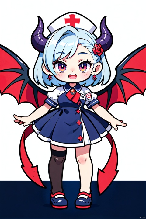  (Best quality), (Masterpiece), (high resolution), illustrated, original, very detailed wallpaper, girls, children, Cute, little kids, Succubus, Mouth, white eyelashes, hair covering right eye, Demon teeth, Nurse's hat and huge demon horns on head, white keel hair ornament and red rose hovering on head, Demon Wings Headdress, European Medieval style dress, Dress with red gems, nurse's uniform, conservative, full body, x navel