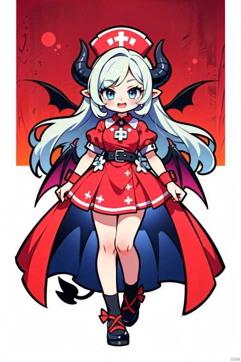  (Best quality), (Masterpiece), (high resolution), illustrated, original, very detailed wallpaper, girls, children, Cute, little kids, Succubus, Mouth, white eyelashes, hair covering right eye, Demon teeth, Nurse's hat and huge demon horns on head, white keel hair ornament and red rose hovering on head, Demon Wings Headdress, European Medieval style dress, Dress with red gems, nurse's uniform, conservative, full body, x navel