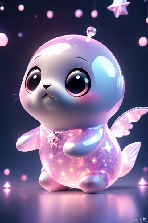  A cute seal with big pious eyes, a pink translucent PVC body, a guitar on its back, a stage, a drum kit, a microphone, and a starry sky, mengbaobao, 3d stely
