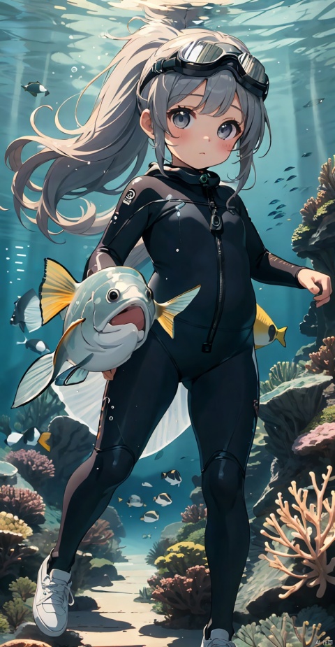  Cute, chubby,chibi (Masterpiece), (Best Quality), Loli, 1 Girl, Goggles, Solo, Fish, Ponytail, Diving Mask, Underwater, Long Hair, Goggles on Head, Wetsuit, Bubbles, Looking at the Audience, Bangs, Gray Eyes, White Shoes, Bubbles, Snorkel,
