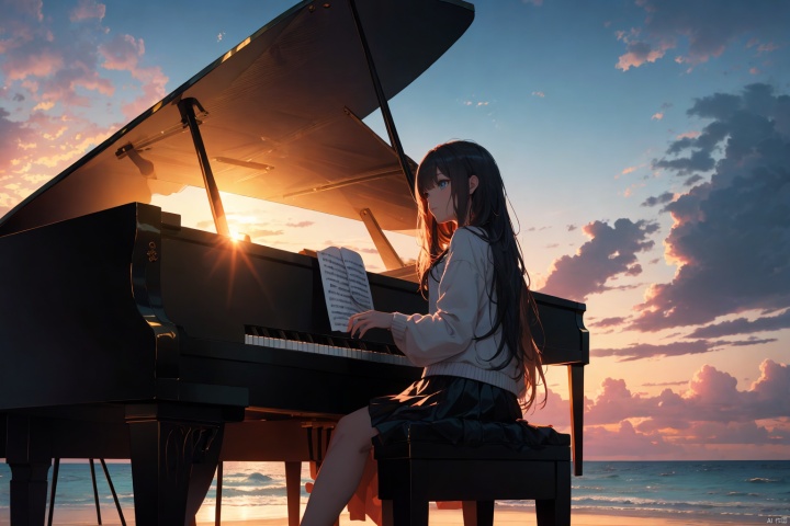  
Masterpiece (best quality, super detailed, crazy detailed: 1.2) , -SuperuHighhResolutiontion, sharp focus, perfect anatomy, cell animation, fantastic lighting) , super detailed, lovely giBeacheach, cloCloudyoSky sky, long hair, PVC skirt, multi-colored sea, ocean, outdoor, photo background, piano, playing instrument, sitting, sky, solo, stool, long hair, sunset, beautiful light, (piano on fire) , the burning piano

