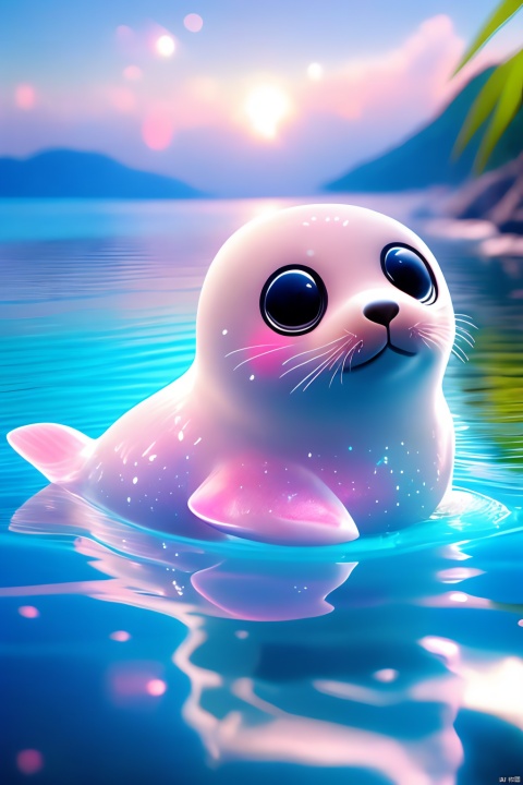  Cute pink seal, translucent pink PVC body, under the sunset, coconut tree, bubbles, beach, bubbles, clouds, sky, leaves, lemon, ocean, open mouth, outdoor, palm trees, part underwater shot, plant, sky, sunglasses, water, water drops, 
