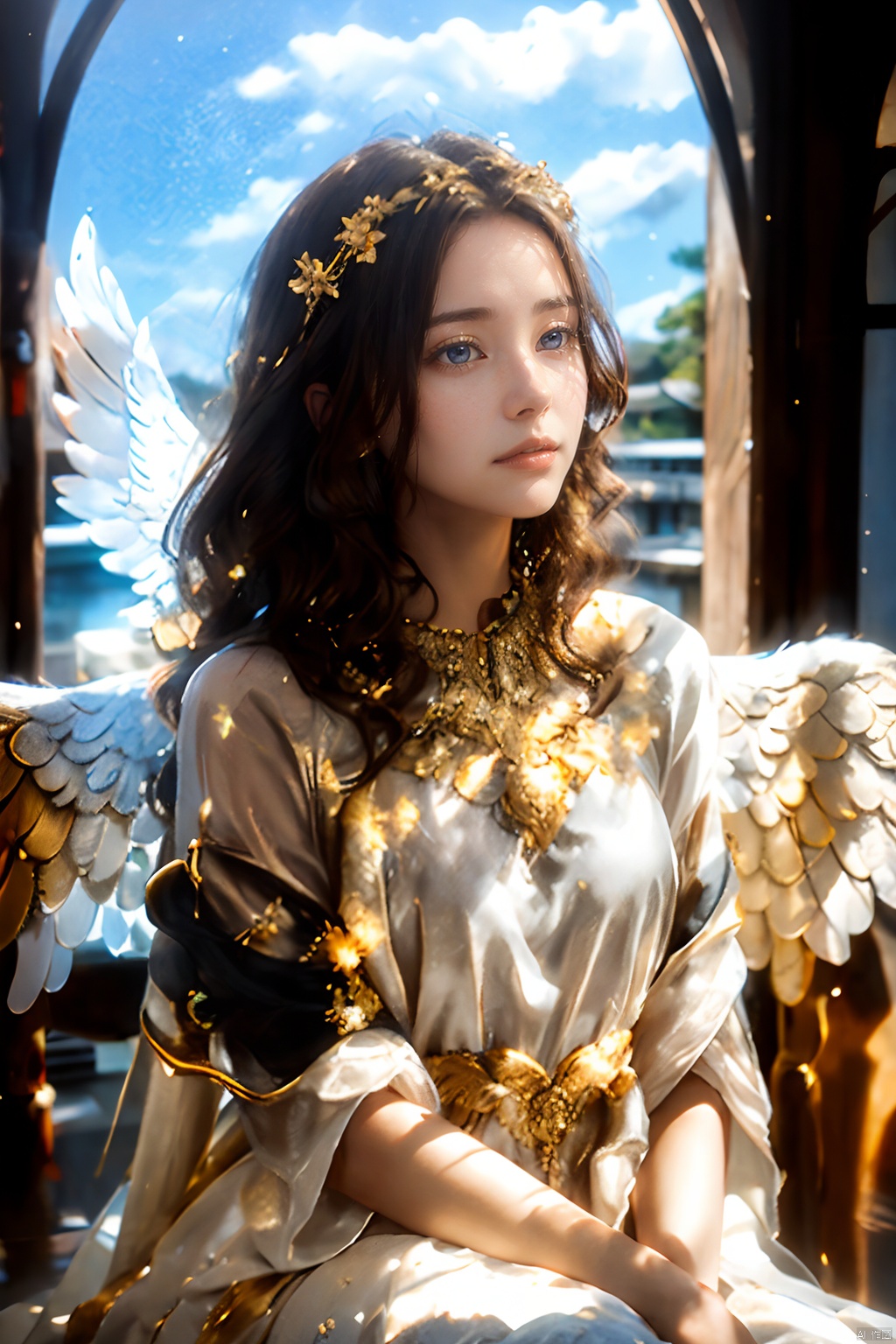  An angel with white wings spreading wide, her gaze filled with love and compassion. Her hair is golden, dressed in a white gauzy dress, appearing exceptionally holy under the sunlight. The surrounding environment is peaceful, with light clouds floating around. High-definition picture of an angel with open wings, divine aura, golden hair, white dress, serene cloudy background, majestic oil painting by celestial artists, trending on ArtStation, vibrant, sharp focus, photorealistic painting art by hi-res masters.
