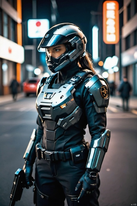 1 combat police officer wearing a black mecha suit,1girl, fully wrapped, backed by a police car, holding a pistol, combat posture, future city background, streets, tall buildings, neon lights, best quality, 4K, 11