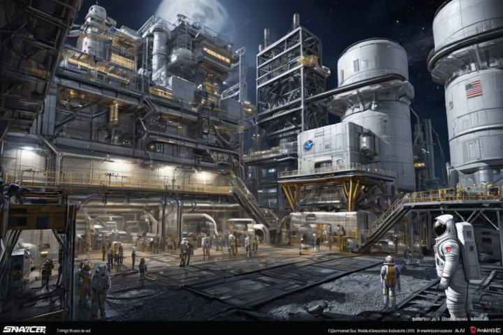  , space suits, spaceships, robots, the surface of the moon, mining factories, Future City, Realistic,(masterpiece:1.2),(best quality:1.2),(ultra detailed:1.2),(official art:1.3),(beauty and aesthetics:0.9),detailed,(intricate:0.7),(highly detailed),